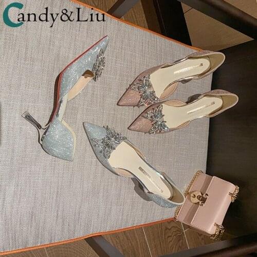 Women Sandals High Heeled Shoes 2021 New Charming Sequins Butterfly Crystal Diamond Bow Button Fairy Hollow Shoes
