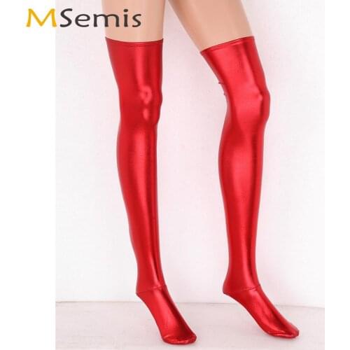 Women Wetlook Skinny Red Latex Long Stockings Sexy Full-footed Thigh Tights Hosiery Nightclub Erotic Pole Dance Leather Stocking