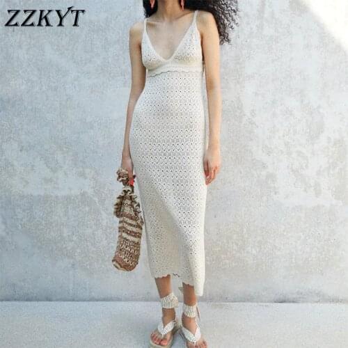 ZZKYT 2021 Women Summer Fashion Sexy Solid Hollow Out Knitted Midi Dress Vintage V-Neck Sleeveless Backless Party Female Dresses