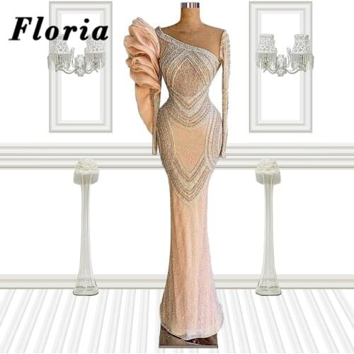 Middle East Beaded Evening Dresses Dubai Ruffles One Shoulder 2021 Vestidos Customized Formal Prom Dress Red Carpet Party Dress