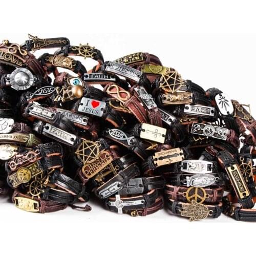 Wholesale 50Pcs TOP Mix Styles Metal Leather punk biker Cuff Bracelets Mens Womens Jewelry Fashion Jewelry