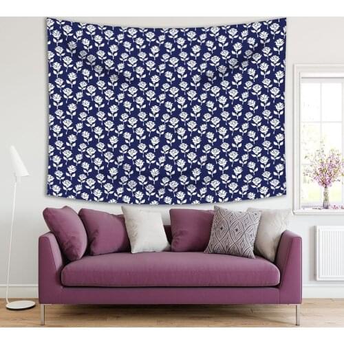 Tapestry Roses Flowers Nature Themed Navy Blue and White Classic Floral Fabric Style