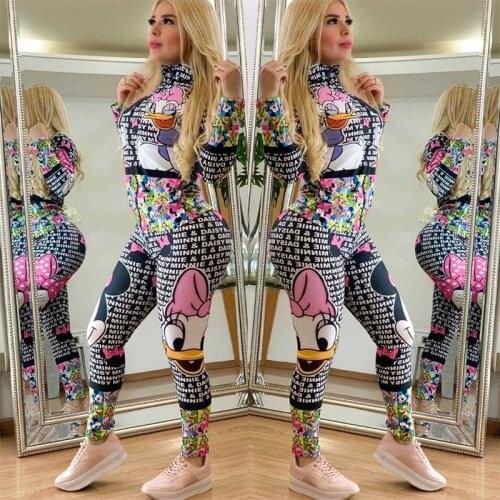 Disney Mickey Mouse Donald Duck high neck long zipper print jumpsuit casual ladies letter print slim sexy sportswear jumpsuit