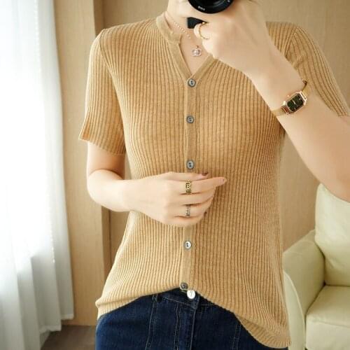 Summer Cardigan T-shirt womens 100% wool sweater short-sleeved casual solid color knitwear plus size ladies tops v-neck tees