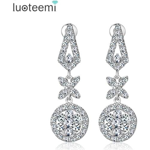LUOTEEMI Wholesale Pure Clear Cubic Zirconia Micro Paved Luxury Drop Earrings Women Fashion Bridal Jewelry Wedding Earrings