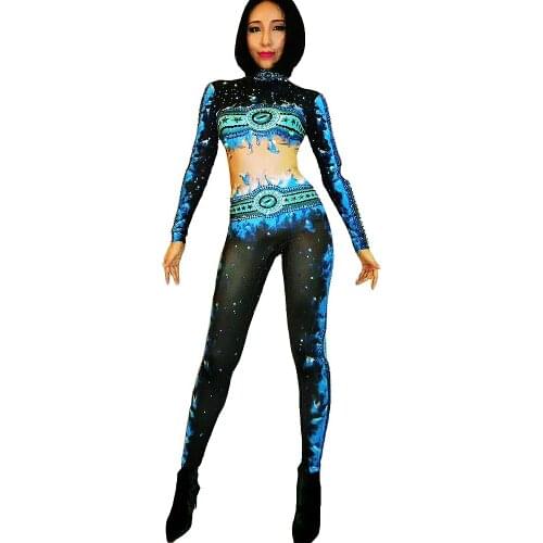 Fashion Blue Spark Long Sleeve Women Jumpsuits Nightclub Party Show Performance Stage Wear Lady Evening Prom Birthday Costumes