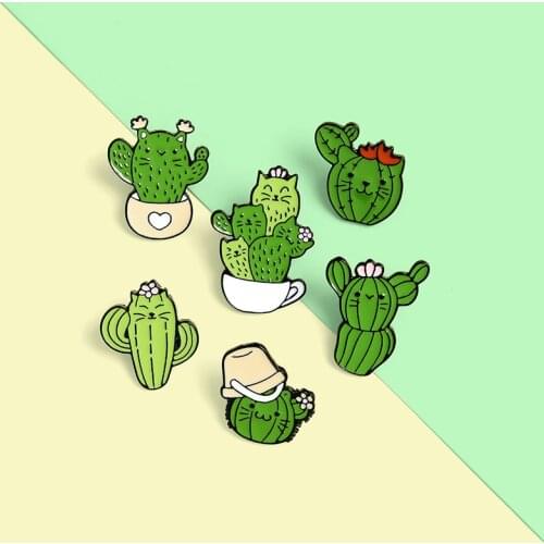 Cartoon Cactus Plant Enamel Pin Fashion Kitten Face Brooch Denim Jeans shirts bags Celebrated fashion Jewelry Gift for Friends
