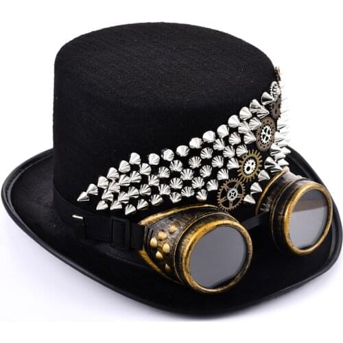 Steampunk Men Rivets Fedora Woman Steam Punk Hat Gears Spikes Goggles Top Hat Gothic Party Hats with Glasses Cos Accessories