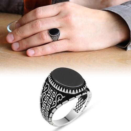 Tesbihane 925 Sterling Silver Maze Pattern Oval Black Onyx Stone Men 'S Ring