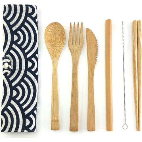 Bamboo Cutlery Set Reusable Tableware Travel Cutlery Set Eco Friendly Flatware Set Knife, Fork, Spoon and Straw Picinc Cutlery