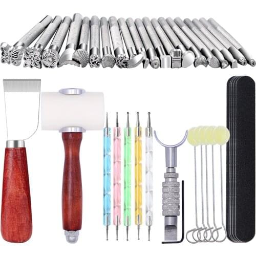 LMDZ Leather Carving Stamping Tools Kit Saddle Making Set Working Hammer Frosted Strip for Leather Stamping Cutting Supplies