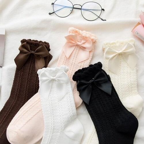1 Pairs Cotton Cute Kawaii Lolita Bow Lolita Socks Women Cotton Cute Japanese JK Md-Tube Lace Bubble Pile Socks