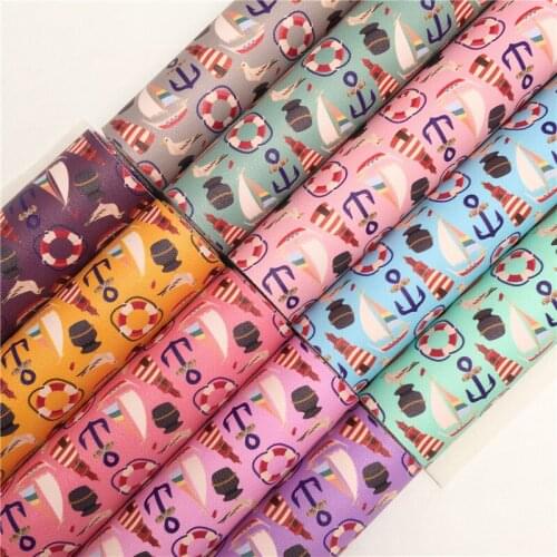 Onefly Wholesales Dropshipping Leather Supplier Anchor Life buoy Printed Faux Synthetic Vinyl Leather Sheets For Bow DIY FZ159