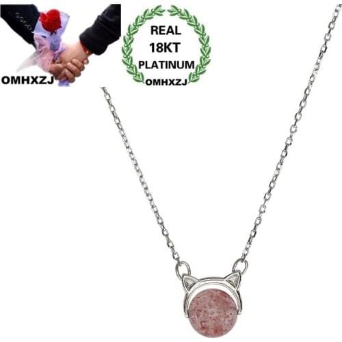 OMHXZJ Wholesale European Fashion Woman Party Birthday Wedding Gift Cat Strawberry Quartz 18KT White Gold Pendant Necklace NA255