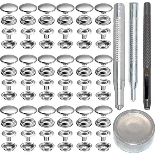 72Pcs 15MM Stainless Steel Fastener Snap Press Stud Button for Marine Boat Canvas with Punching Set Tool Kit Silver