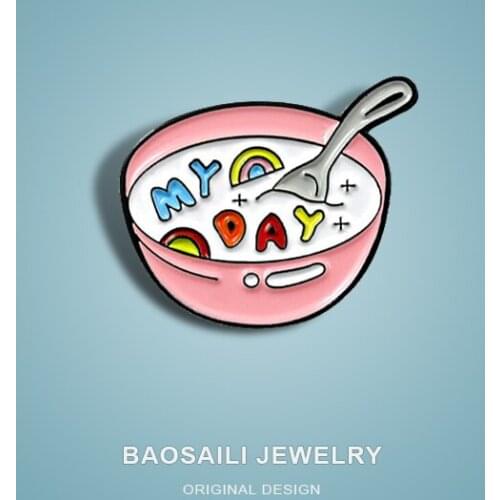 Lovely Good Mood Pink Drip Milk Bowl Enamel Label Pins, My Day Creative Bag Accessories Brooches For Womens Clothing Badge