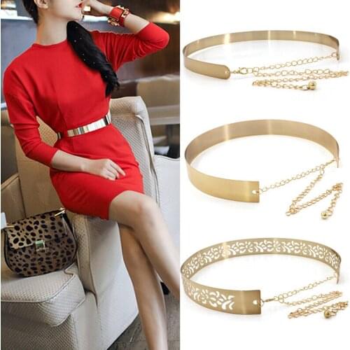 New Women Adjustable Metal Designer Belt Fashion Ladies Dress Luxury Bling Gold Silver Mirror Vintage Waistband with Waist Chain