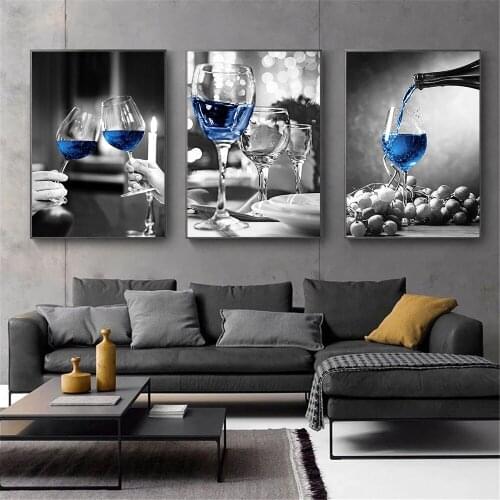 Romantic Wall Art Blue Wine Glass Canvas Painting Black And White Poster Print Nordic Wall Pictures Living Room Kitchen Decor