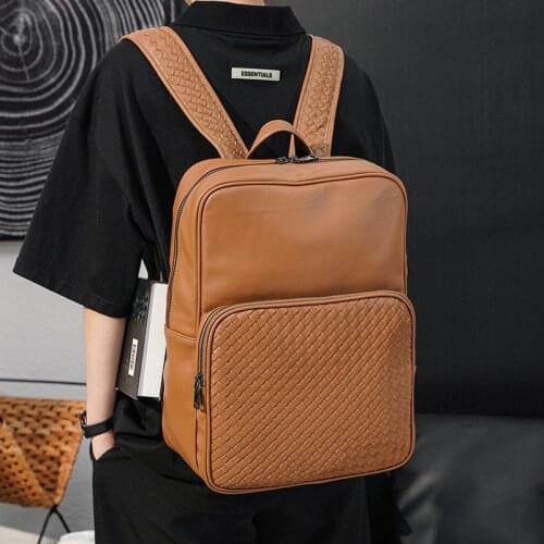 Korean Fashion Woven Leather Backpack for Men Casual Large-capacity Laptop Travel Daypack Student Schoolbag Mochila de hombre