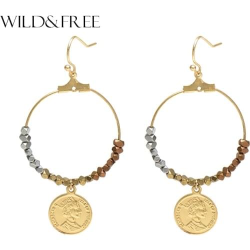 Wild&Free Women Zinc Alloy Coin Dangle Earrings Trendy Big Circle With Colorful Stone Beads Gold Drop Earrings Brincos Oorbellen