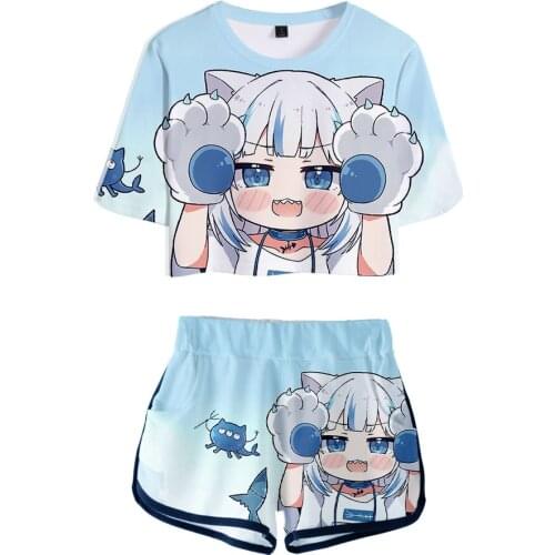 Anime Gawr Gura Hip Hop Graphic Print Set 2 Piece Kawaii Women Suit Girls T Shirt And Shorts Casual Summer Streetwear Kawaii Y2K