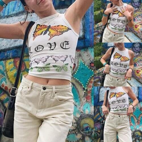 Women’s Casual Round Neck Vest Fashion Butterfly Printing Exposed Navel Sleeveless Tops mall goth grunge harajuku shirt