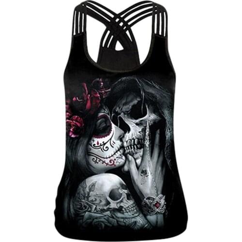 Print Skull Skeleton Rose Back Hollow Out Vest Tops For Women Punk Horror Bone Slim U Neck Sleeveless T-shirt Halloween Party