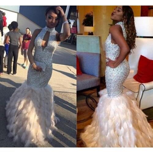 2020 Stunning Sequined Feather Prom Dresses Long Rhinestones Beaded High Neck Formal Gowns Floor Length Evening Pageant Dress