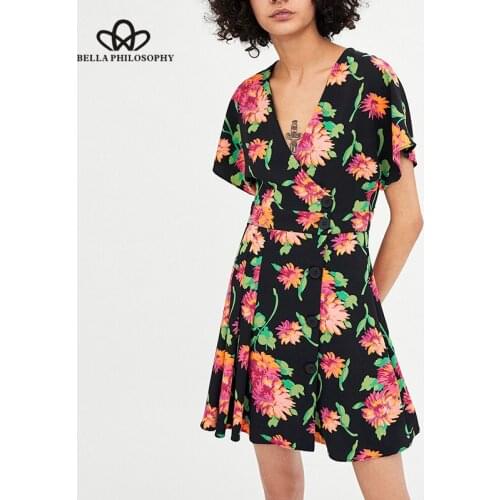 Bella Philosophy 2018 ssummer short sleeves women dress high waist button wrapped female vestidos casual print ladies vestidos