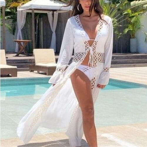 Womens Deep V Neck Lace Up White Dress Summer Vintage Beach Tunic Cardigan Wear
