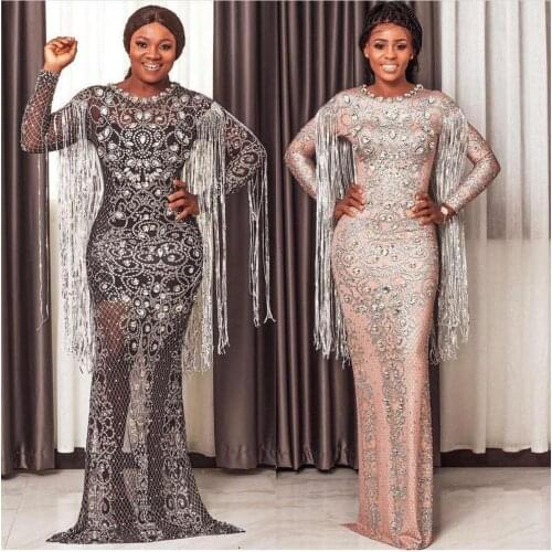 Crystals Long Tassel Party Bodycon Dress Women Long Sleeves Prom Wedding Floor Length Rhinestones Dress Singer Stage Dress