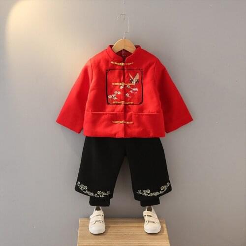 Winter Boys Chinese National Style Sets Plus Cashmere Warm Coat+trousers 2PCS Traditional Tang Dynasty Boy Hanfu Son Kid Clothes