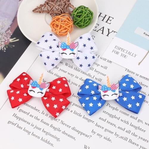 4 IN Ribbon Baby Unicorn Dot Bows Clips Flag Hairpin Grosgrain Star Girls hair bows Boutique Clip For Kids Girls Boutique Clips