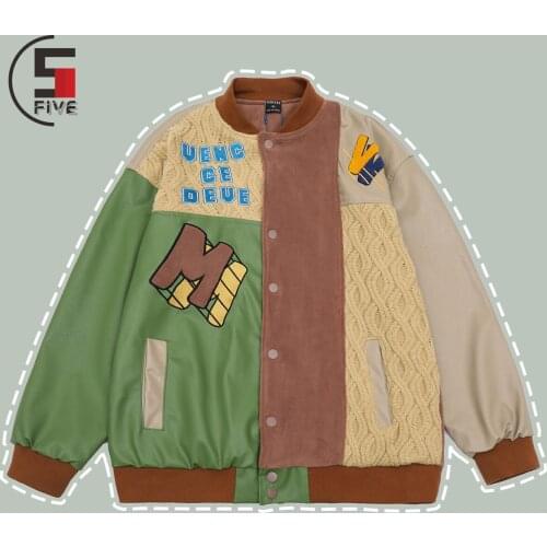Harajuku Patchwork Baseball Jacket Men Letter Embroidery Leather Hip Hop Casual Jackets 2021 Varsity Bomber Retro Oversized Coat