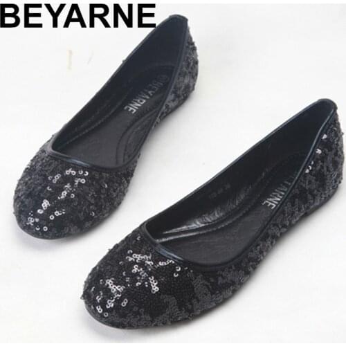 BEYARNE Sequined bling golden flat shoes ballet Women loafers round toe party office lady slip on shoes party work drivingE524