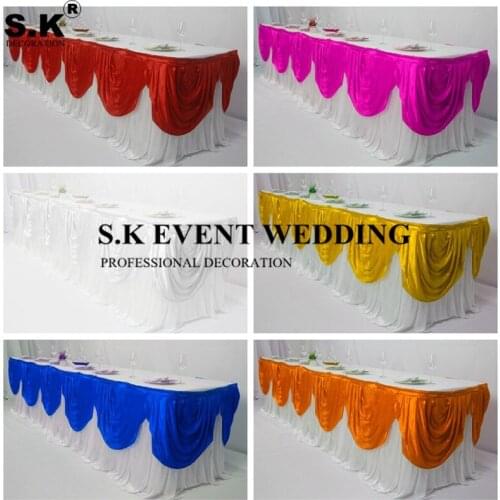Good looking Ice Silk Table Skirt With Colors Swag Drapery Wedding Table Cloth Skirting For Event Banquet Decoration