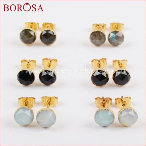 BOROSA 6mm Round Druzy Stud Earrings Multi-kind Stone Faceted Drusy Stud Earrings Mix Colors Gold Electroplated Studs G1299