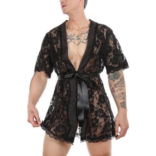 Mens nightgown Set Sexy Lace Transparent Bathrobe Home Suit bath robe Perspective Temptation Nightgown robe de chambre g4