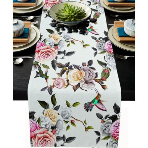 Rose Peony Bird Color Table Runner Luxury Home Dining Table Coffee Table Holiday Wedding Decoration Party Dinner Table Runner