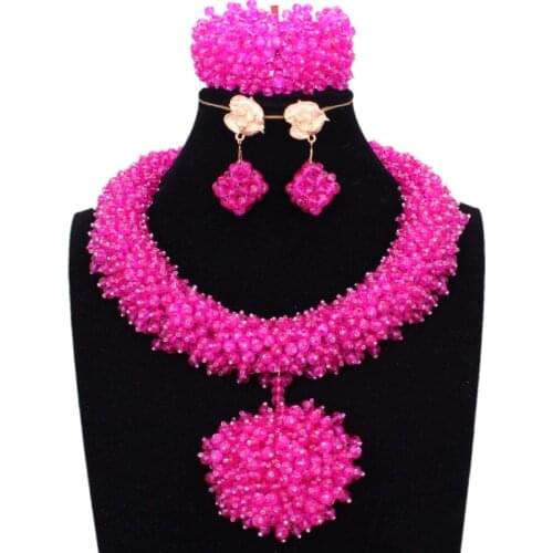 Nigerian Bridal Jewelry Set Fuchsia / Hot Pink Bride Necklace Set African beads Jewelry Crystal Handmade Big Ball Jewellery Set