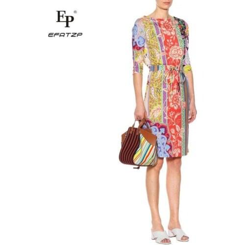 New 2018 Luxury Designer Dress Womens Fashion 3/4 Sleeves Colorful Flower Print XXL Stretch Jersey Slim Silk Day Dress