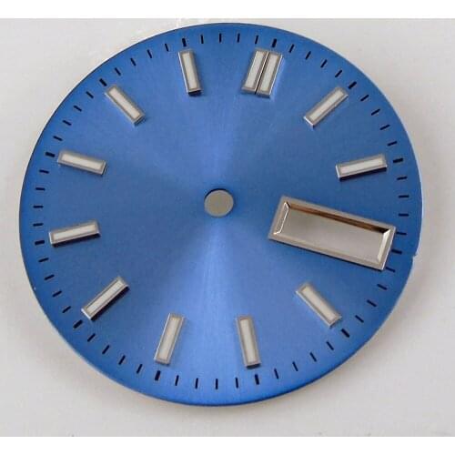 New 29mm Steel Green Luminous Marks Sunburst Blue Watch Dial Face fit NH36A Double Date Window