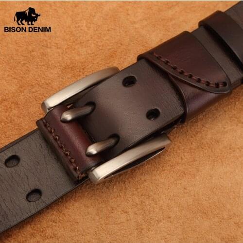 BISON DENIM Mens Genuine Leather Belt Vintage Jeans Belt Strap Double Pin Buckle Designer Leather Belts For Men Male Gift N71247