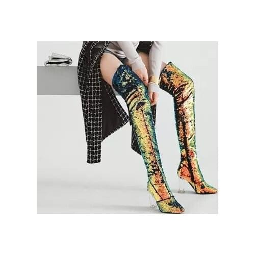 Sexy Crystal Hoof Heels Color Intrigue Bling Bling Over the Knee Boots Night Club Boots Glitter Sequins Thigh Boots for Ladies