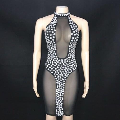 Silver Clear Stones Sexy Sleeveless Black Dress Nightclub Evening Party Singer Show Costume Transparent Short Dress