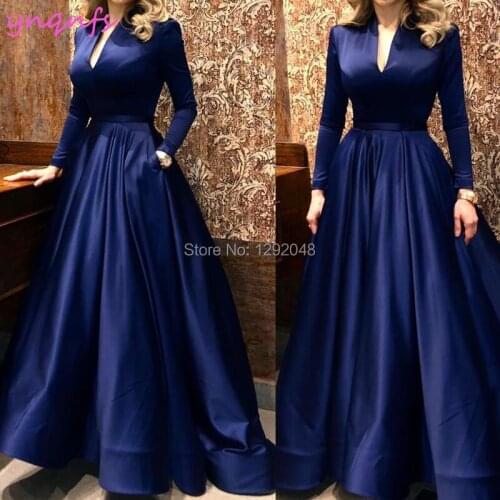 YNQNFS M183 Vintage Satin Pockets A-line V Neck Long Sleeves Royal Blue Mother of the Bride Groom Dresses Plus Size 2019