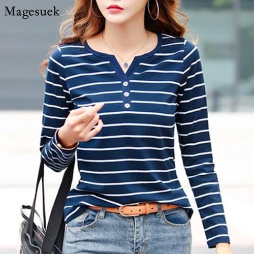 Casual 2021 Autumn Long Sleeve Cotton Women Blouses Striped V-Neck White Shirt Tops Women Casual Blouse Women Blusas 7215