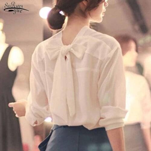 Early Spring Korean Style Tops Wome Long Sleeve Back Bow V-neck Chic Sweet Shirts Solid White Chiffon Blouse Blusas Femme 11571