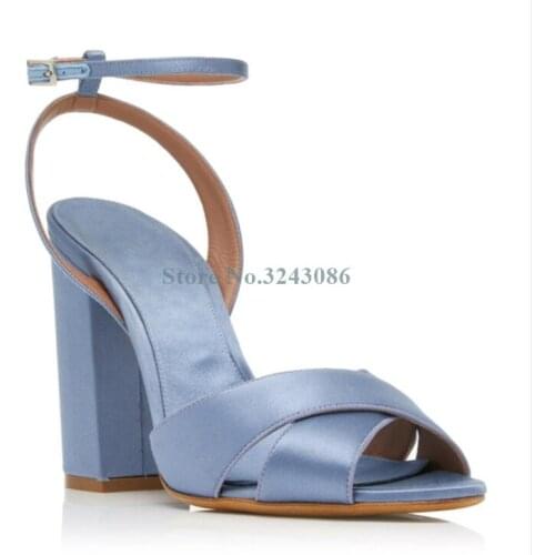 Sky Blue Silk Cross Tied Thick Heel Sandals Orange Ankle Buckle Strap Hoof Heels Sandals Sweet Concise High Heels Summer Shoes