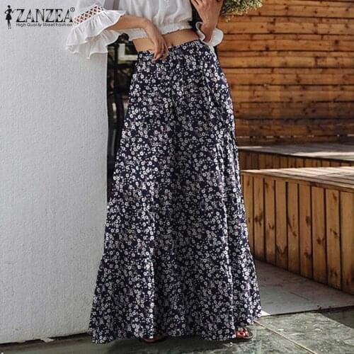 Plus Size Womens Printed Trousers ZANZEA 2021 Bohemian Wide Leg Pants Elastic Waist Ruffle Flare Pantalon Female Floral Turnip